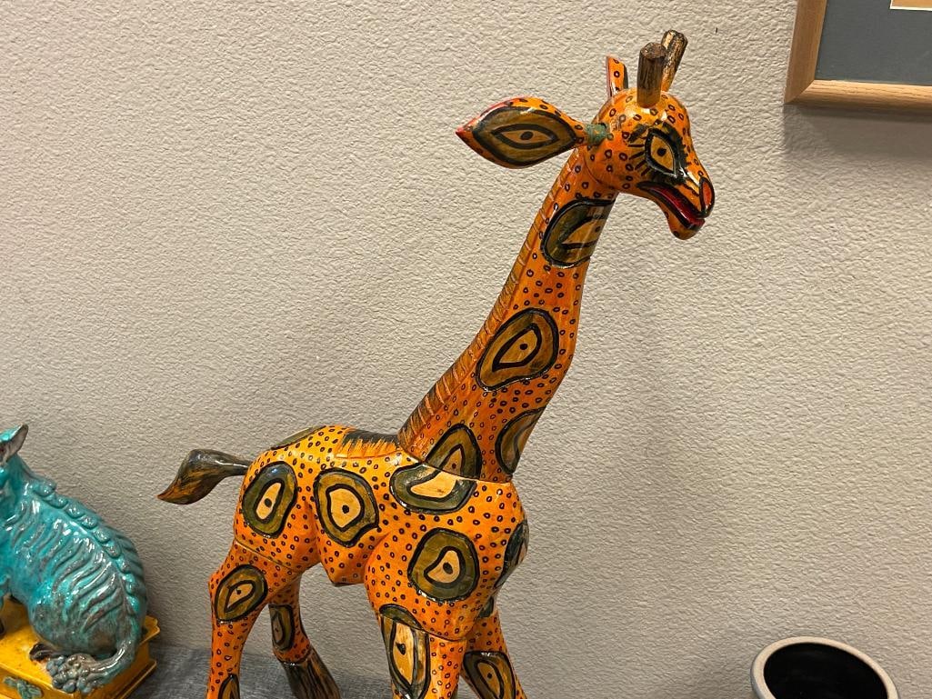WHIMSICAL CARVED WOOD AND HAND PAINTED GIRAFFE ANIMAL STATUE - 2