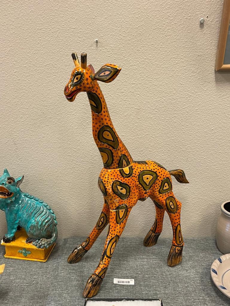WHIMSICAL CARVED WOOD AND HAND PAINTED GIRAFFE ANIMAL STATUE - 7