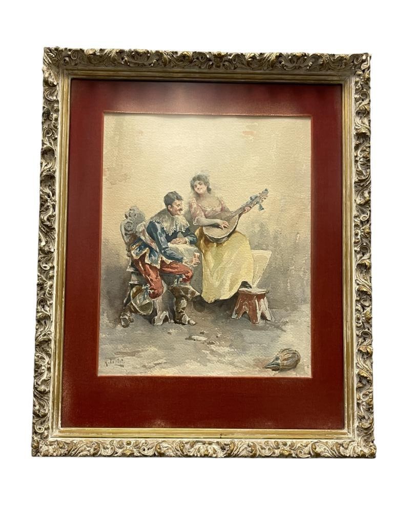 ARNALDO LISIO ITALIAN PAINTER BORN IN MOLISE ORIGINAL WATERCOLOR ON PAPER: ARNALDO LISIO (1869-1949) ITALIAN ARTIST, ART DEPICTS ROMANTIC SCENE OF A MAN AND WOMAN SINGING AND PLAYING INSTRUMENT, SIGNED LOWER LEFT, FRAMED 18" X 22"