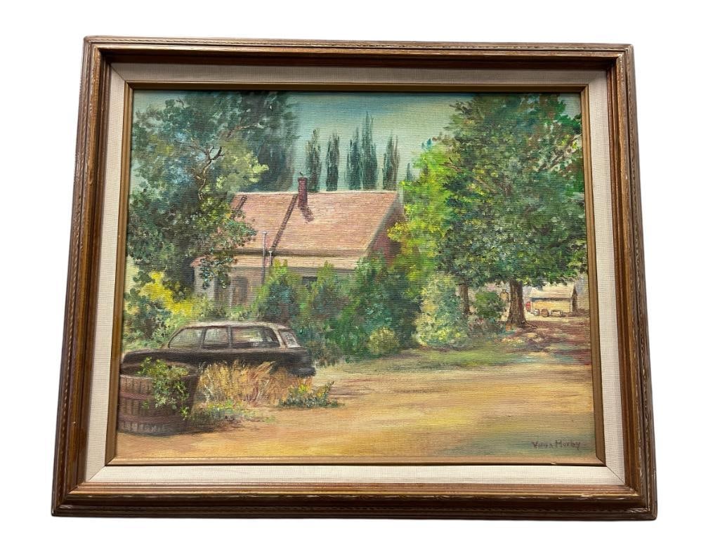 VELDA MORBY MINA, NV BORN ARTIST ORIGINAL OIL ON CANVAS TITLED HUMBOLDT HOUSE: VELDA MORBY WAS AN AMERICAN ARTIST BORN IN MINA, NV., ART DEPICTS HOME SURROUNDED BY MATURE TREES, SIGNED LOWER RIGHT, FRAMED 24" X 21" FRAME