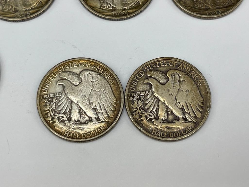 SEVEN U.S. WALKING LIBERTY SILVER HALF DOLLARS FEATURING DATES 1941 - 1946 - 3
