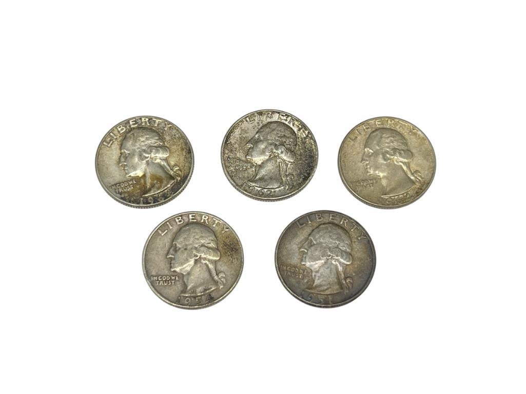 FIVE U.S. WASHINGTON 90% SILVER QUARTERS (1 of 7)