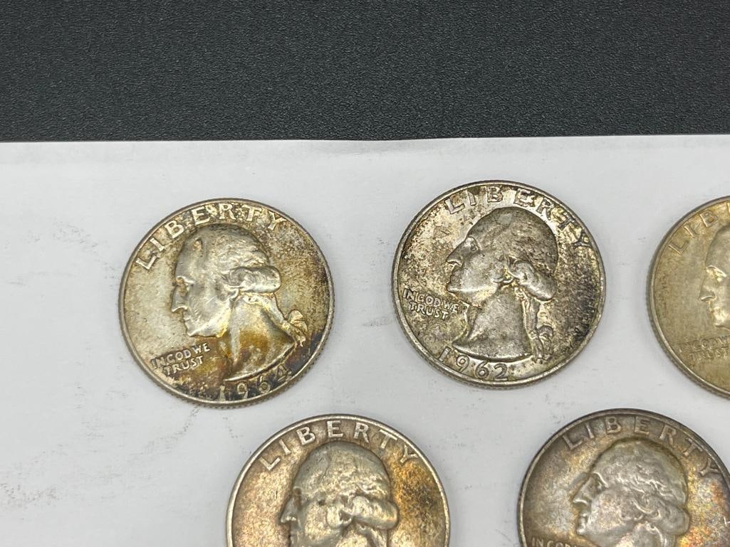 FIVE U.S. WASHINGTON 90% SILVER QUARTERS - 2