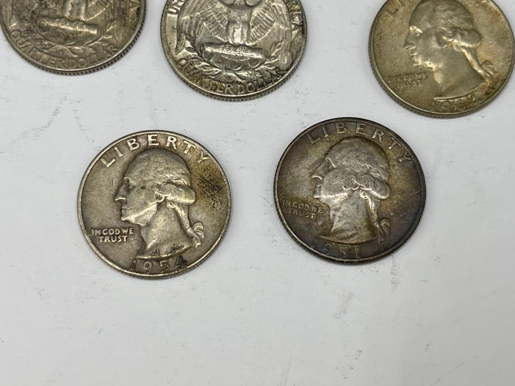FIVE U.S. WASHINGTON 90% SILVER QUARTERS - 4