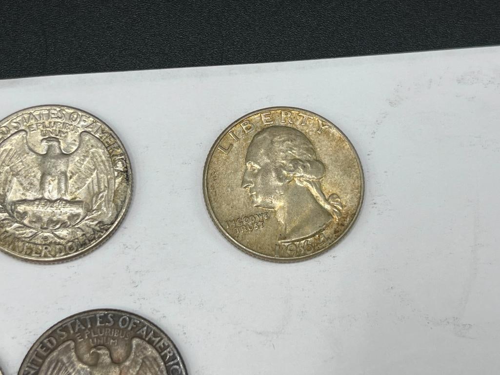 FIVE U.S. WASHINGTON 90% SILVER QUARTERS - 6