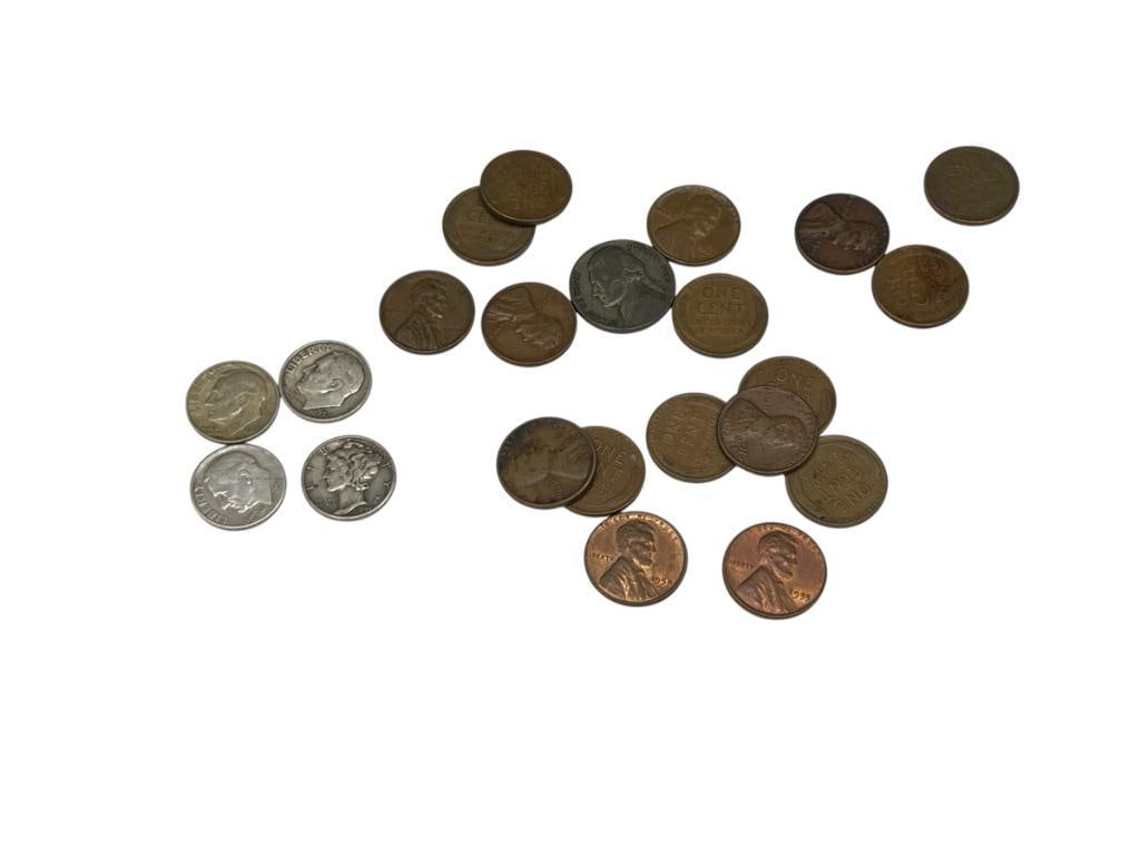 ASSORTED U.S. COINS INCLUDING FOUR 90% SILVER DIMES: ALSO INCLUDES JEFFERSON SILVER WAR NICKEL, U.S. WHEAT CENTS, AND LINCOLN MEMORIAL CENTS