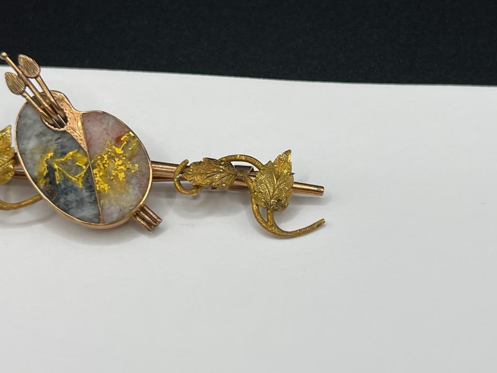 ANTIQUE LATE 1800'S 14K YELLOW GOLD FIGURAL ARTIST PALETTE BROOCH FEATURING GOLD AND QUARTZ SPECI... - 3