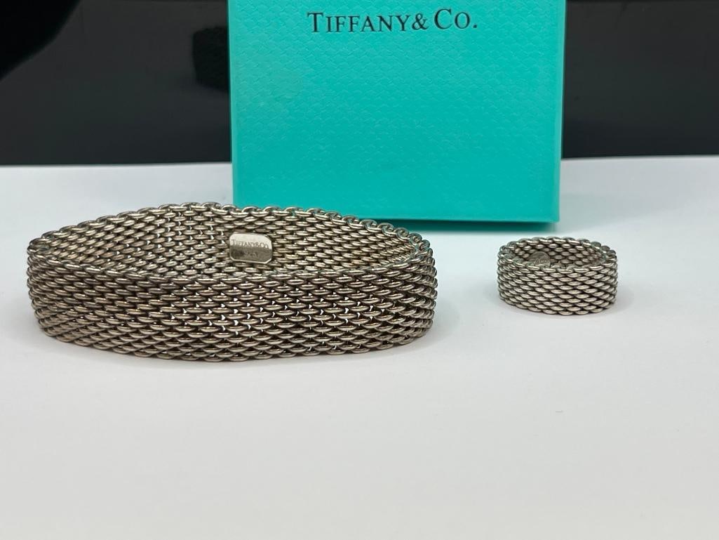 TIFFANY & CO. DESIGNER SIGNED STERLING SILVER MESH BRACELET AND RING - 2