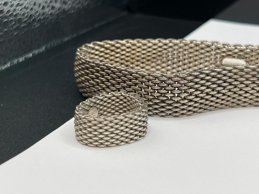 TIFFANY & CO. DESIGNER SIGNED STERLING SILVER MESH BRACELET AND RING - 3