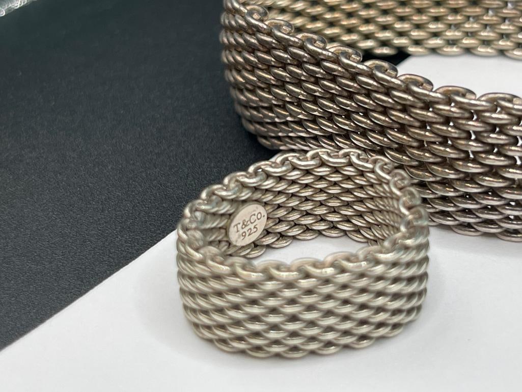 TIFFANY & CO. DESIGNER SIGNED STERLING SILVER MESH BRACELET AND RING - 4