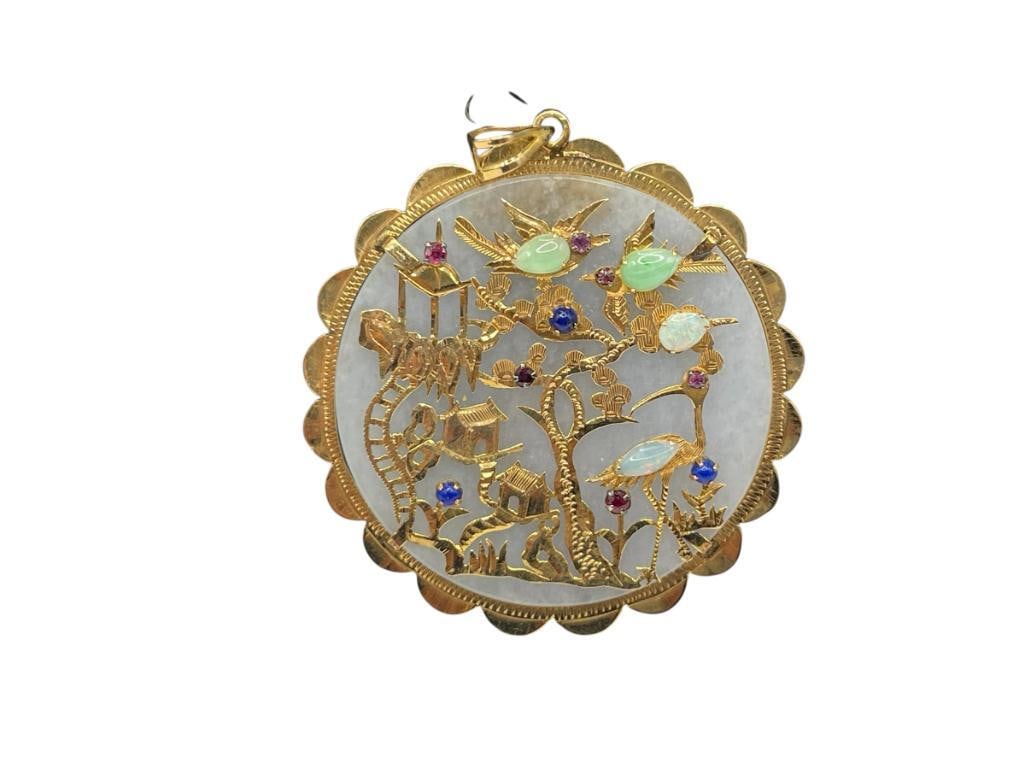 STUNNING 14K YELLOW GOLD CHINESE GOOD FORTUNE PENDANT FEATURING WHITE JADE, RUBIES, OPALS, AND LA...: FEATURING INTRICATE DETAIL OF CHINESE VILLAGE WITH TREES AND BIRDS ACCENTED WITH RUBIES, GREEN JADE, LAPIS, AND OPALS, FEATURING CHINESE CHARACTER FU ON BACK REPRESENTING GOOD FORTUNE 2 3/4" WITH BAIL