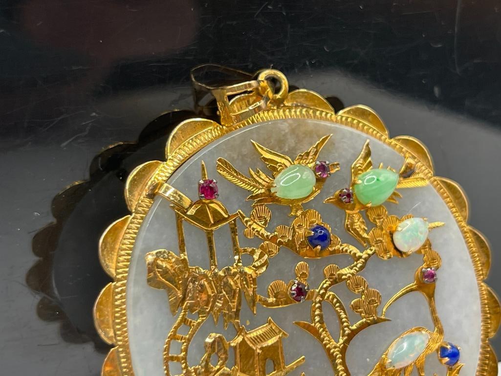 STUNNING 14K YELLOW GOLD CHINESE GOOD FORTUNE PENDANT FEATURING WHITE JADE, RUBIES, OPALS, AND LA... - 3