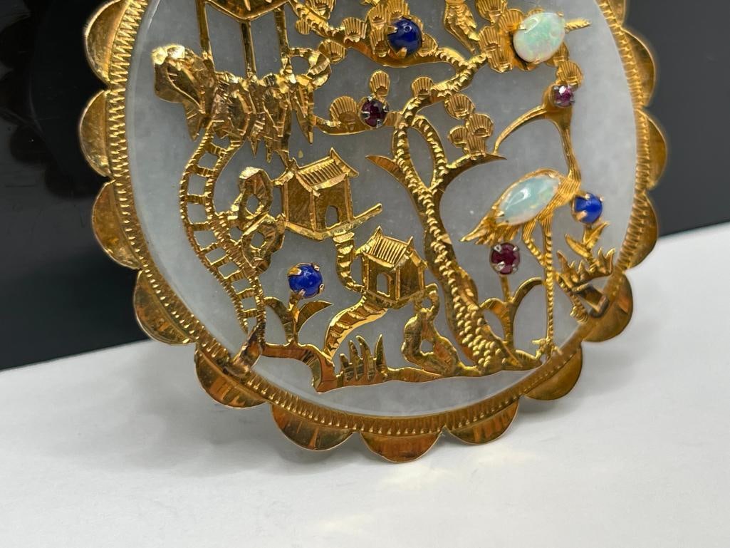 STUNNING 14K YELLOW GOLD CHINESE GOOD FORTUNE PENDANT FEATURING WHITE JADE, RUBIES, OPALS, AND LA... - 4