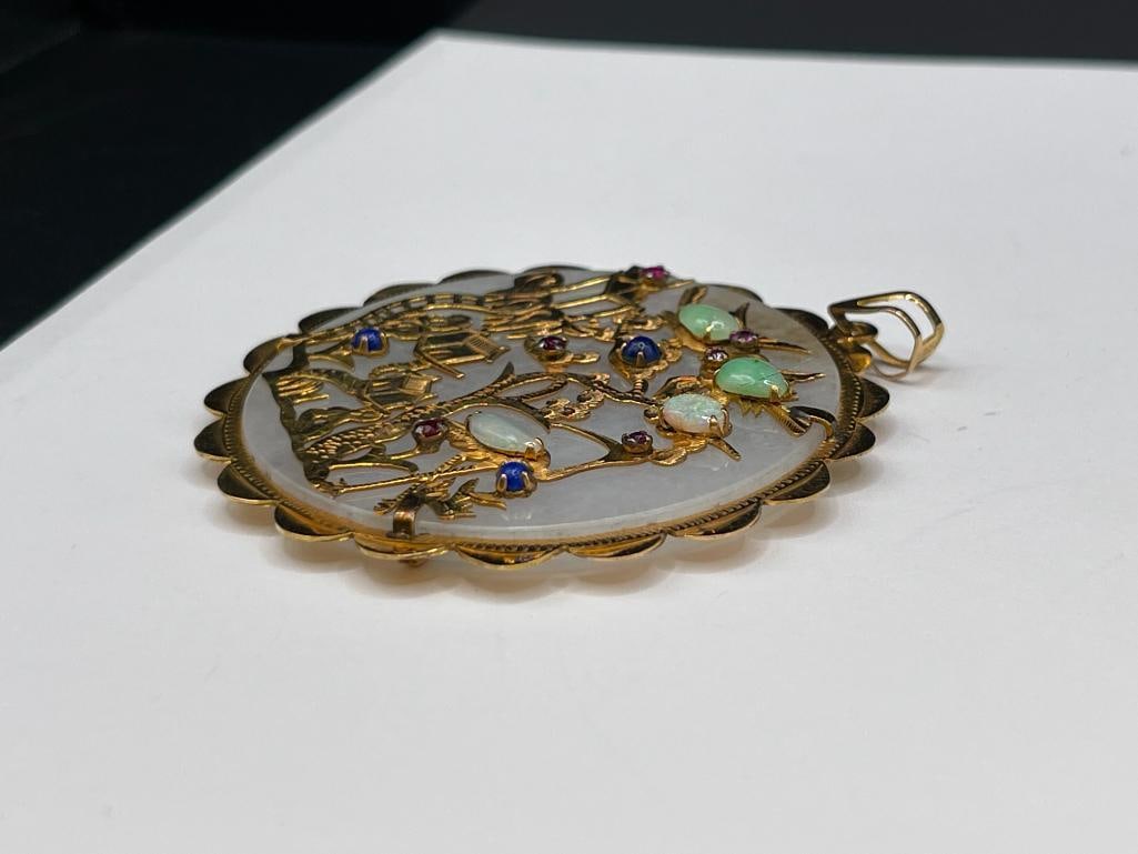 STUNNING 14K YELLOW GOLD CHINESE GOOD FORTUNE PENDANT FEATURING WHITE JADE, RUBIES, OPALS, AND LA... - 5