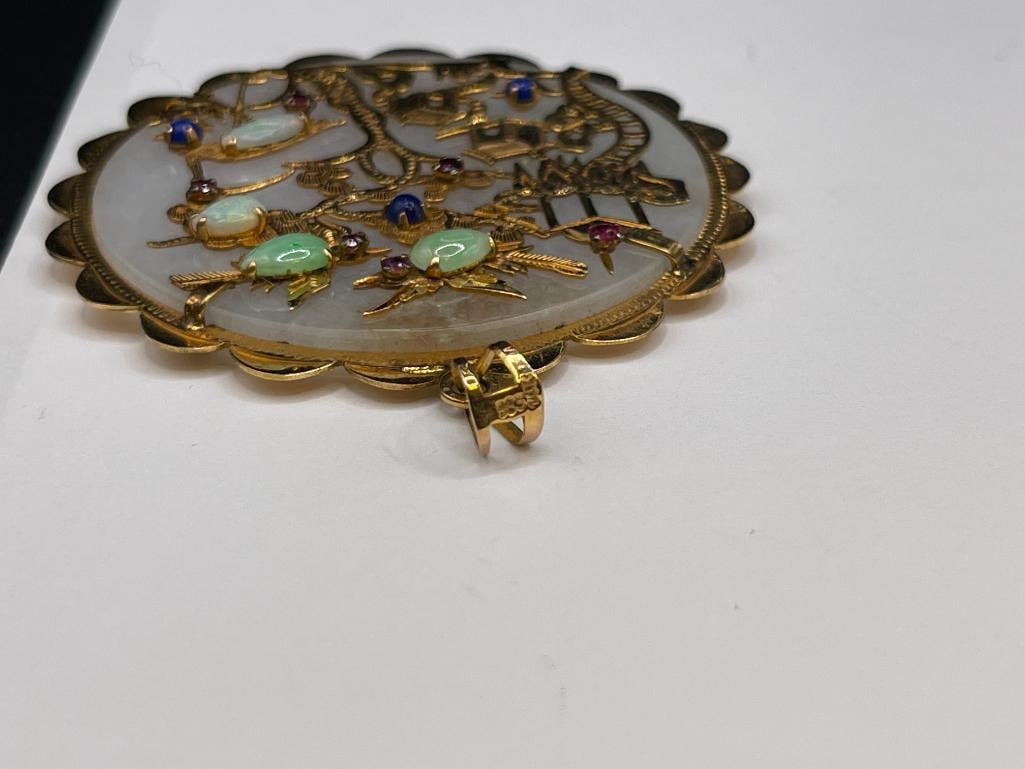STUNNING 14K YELLOW GOLD CHINESE GOOD FORTUNE PENDANT FEATURING WHITE JADE, RUBIES, OPALS, AND LA... - 9
