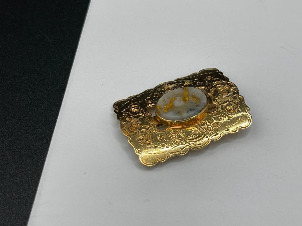 ANTIQUE 1859 DATED 14K YELLOW GOLD BROOCH FEATURING A GOLD AND QUARTZ SPECIMEN IN CENTER - 3