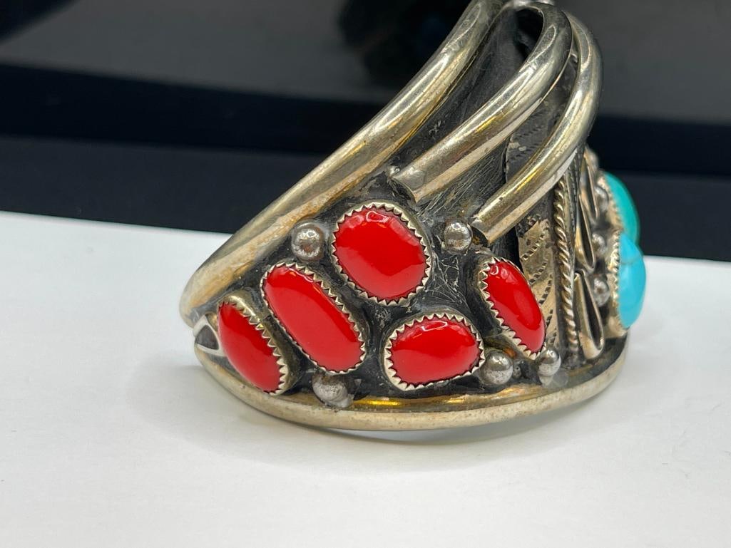 ANTIQUE OLD PAWN SILVERPLATED TURQUOISE AND CORAL TOOLED DESIGN CUFF BRACELET - 3
