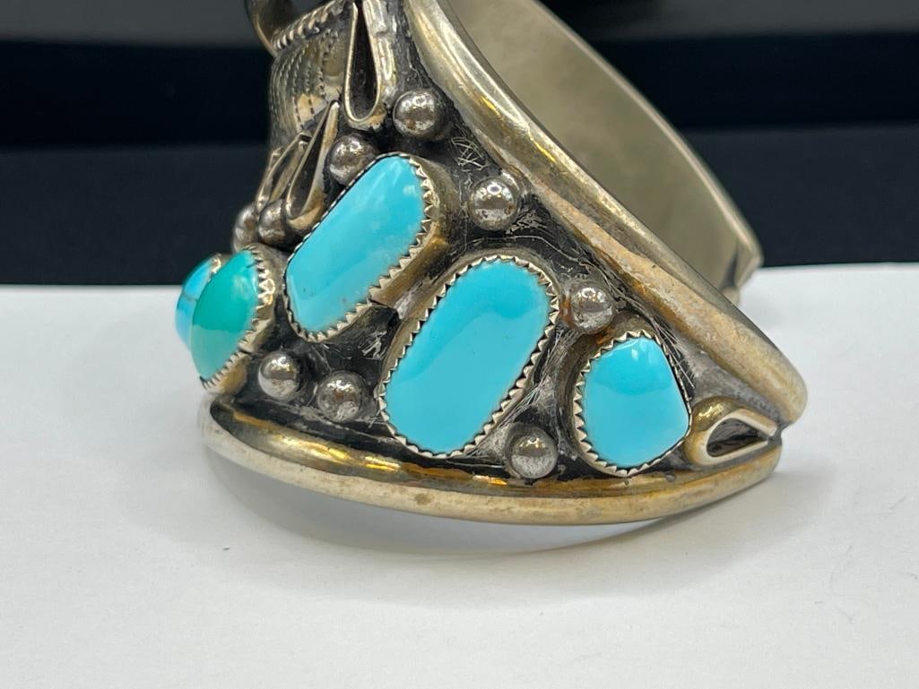 ANTIQUE OLD PAWN SILVERPLATED TURQUOISE AND CORAL TOOLED DESIGN CUFF BRACELET - 4
