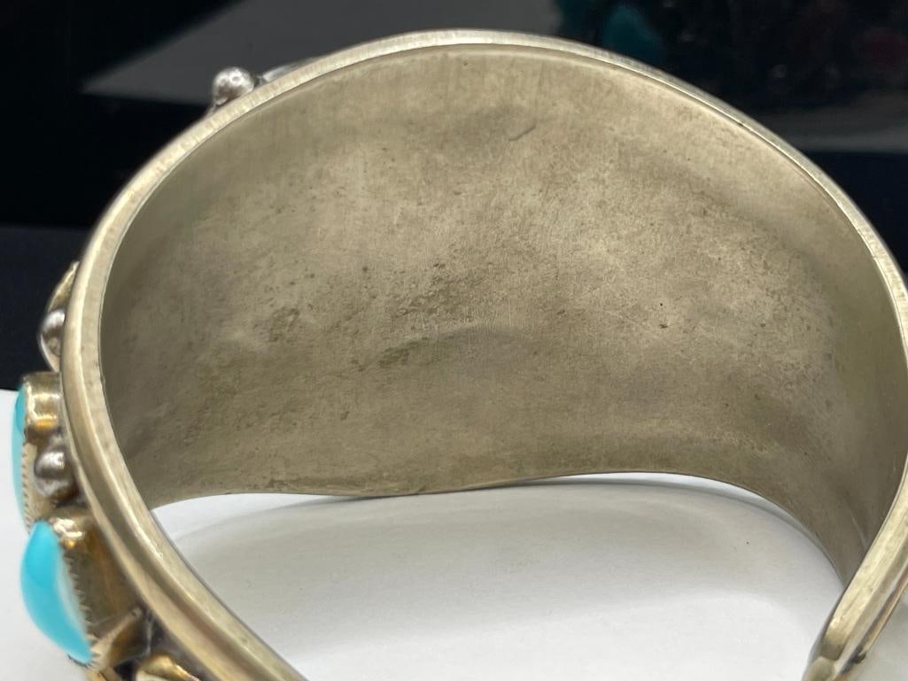 ANTIQUE OLD PAWN SILVERPLATED TURQUOISE AND CORAL TOOLED DESIGN CUFF BRACELET - 6
