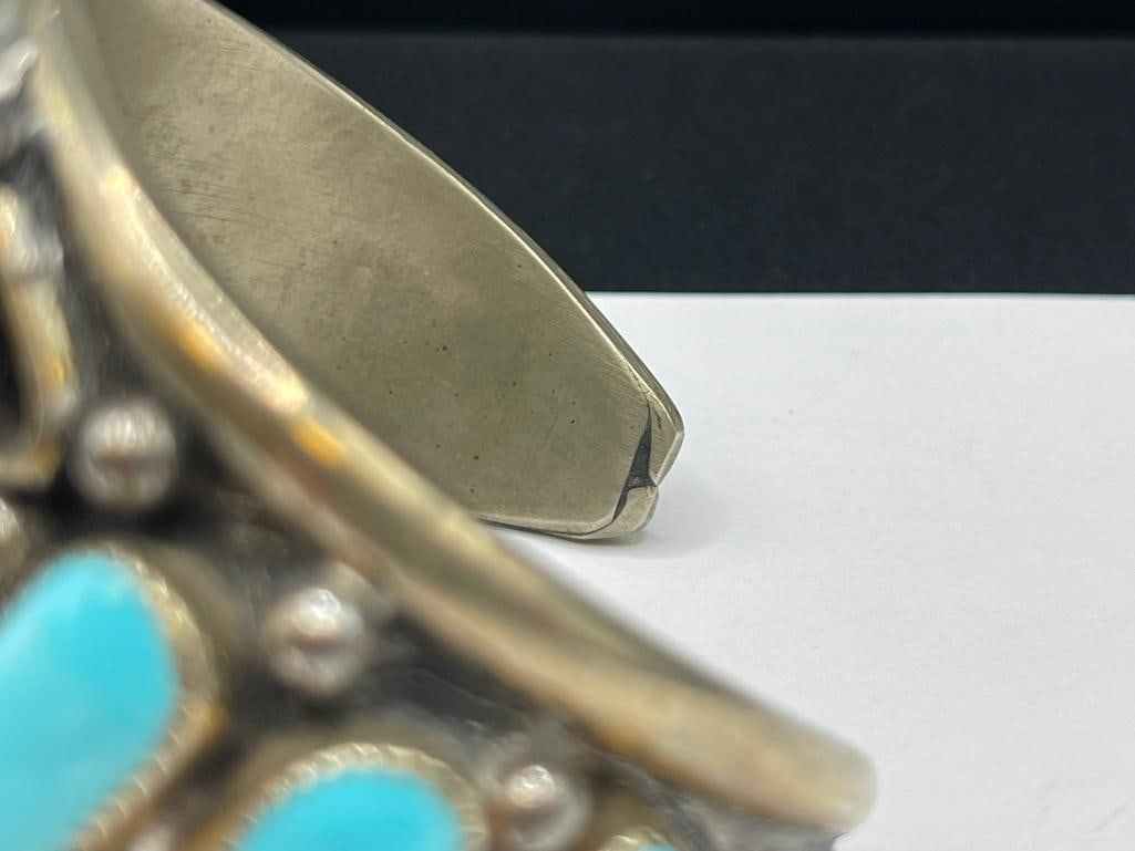 ANTIQUE OLD PAWN SILVERPLATED TURQUOISE AND CORAL TOOLED DESIGN CUFF BRACELET - 7