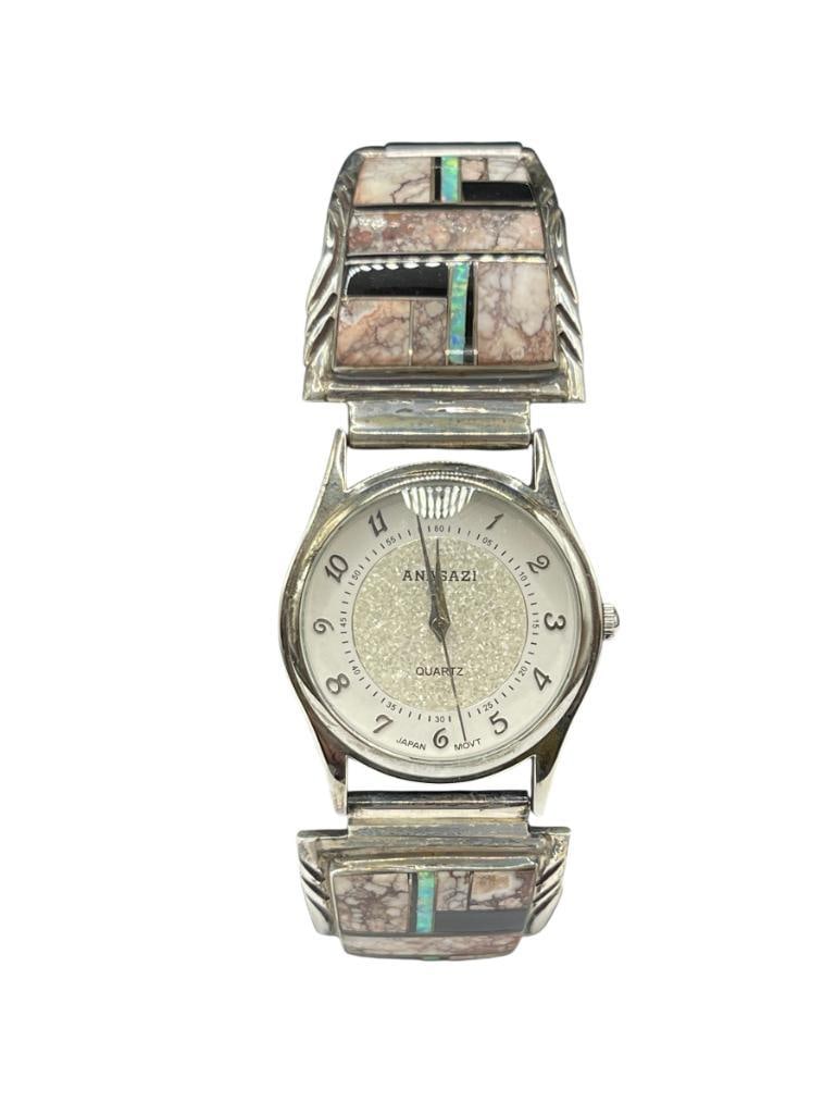 VINTAGE NAVAJO ROLAND FRANCISCO ARTIST SIGNED STERLING SILVER WATCH TIPS FEATURING INLAID OPAL: ALSO INCLUDES WHITE BUFFALO AND ONYX INLAID IN GEOMETRIC SHAPES, INCLUDES ANASAZI QUARTZ WATCH, WATCH NEEDS NEW BATTERY, STAINLESS STEEL BAND 7 1/2", EACH WATCH TIP IS 1 1/2", 58.76 GRAMS TOTAL, 32MM