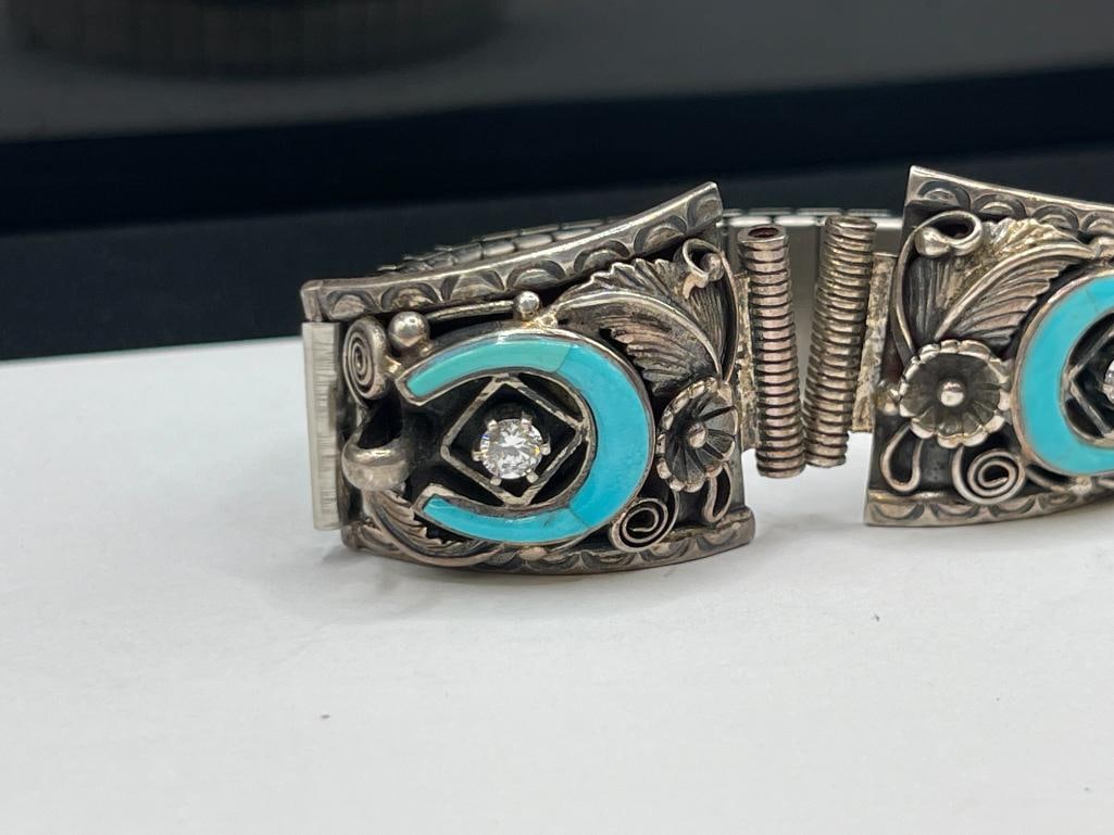 VINTAGE NAVAJO STERLING SILVER INALID TURQUOISE HORSESHOE WATCH TIPS WITH CZ ACCENTS - 2