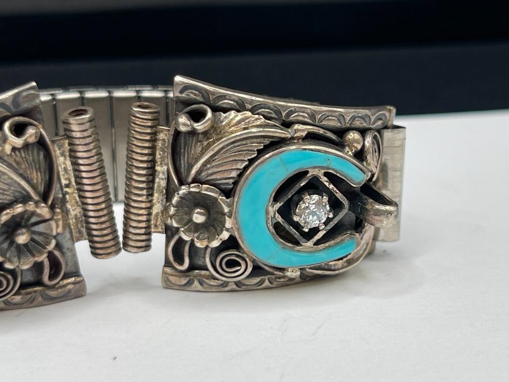 VINTAGE NAVAJO STERLING SILVER INALID TURQUOISE HORSESHOE WATCH TIPS WITH CZ ACCENTS - 3