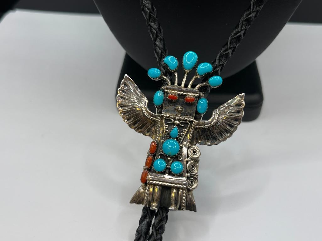 VINTAGE NAVAJO ARTIST SIGNED NG STERLING SILVER TURQUOISE AND CORAL EAGLE DANCER KACHINO BOLO TIE - 2