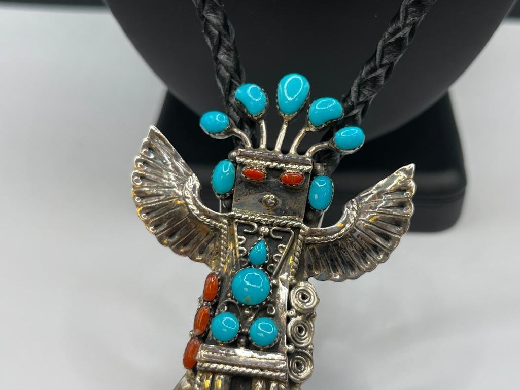 VINTAGE NAVAJO ARTIST SIGNED NG STERLING SILVER TURQUOISE AND CORAL EAGLE DANCER KACHINO BOLO TIE - 3