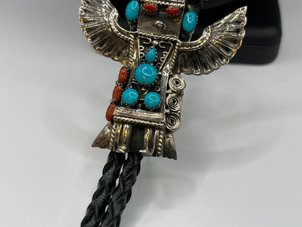 VINTAGE NAVAJO ARTIST SIGNED NG STERLING SILVER TURQUOISE AND CORAL EAGLE DANCER KACHINO BOLO TIE - 4