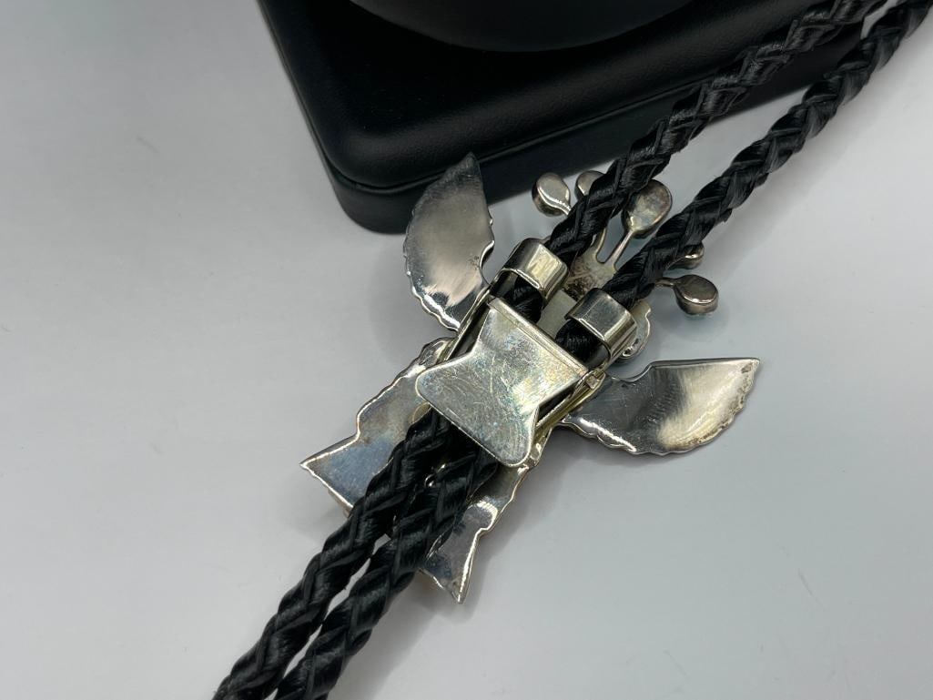 VINTAGE NAVAJO ARTIST SIGNED NG STERLING SILVER TURQUOISE AND CORAL EAGLE DANCER KACHINO BOLO TIE - 5