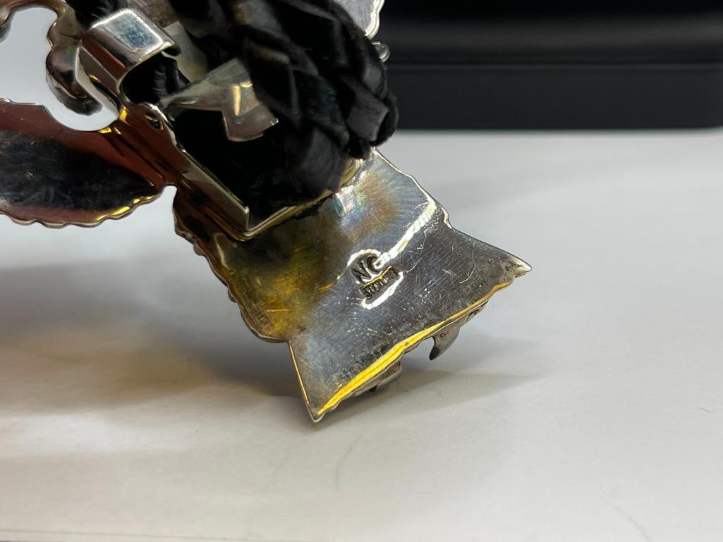 VINTAGE NAVAJO ARTIST SIGNED NG STERLING SILVER TURQUOISE AND CORAL EAGLE DANCER KACHINO BOLO TIE - 7