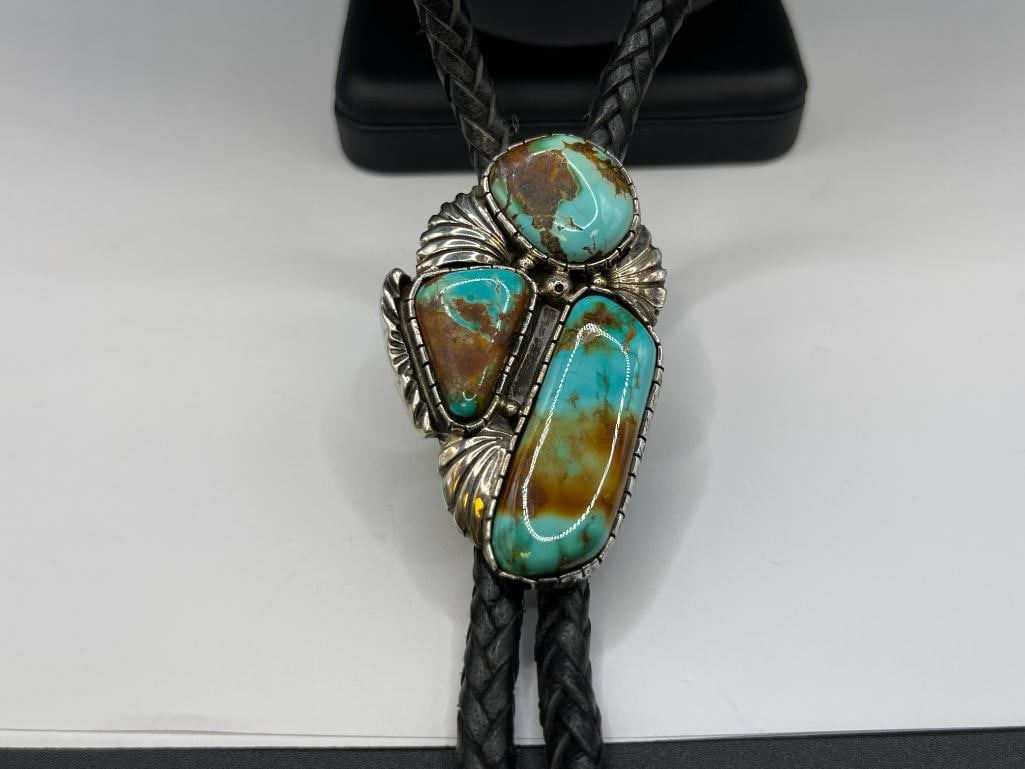 VINTAGE NAVAJO WILSON PADILLA ARTIST SIGNED STERLING SILVER ROYSTON TURQUOISE BOLO TIE - 2