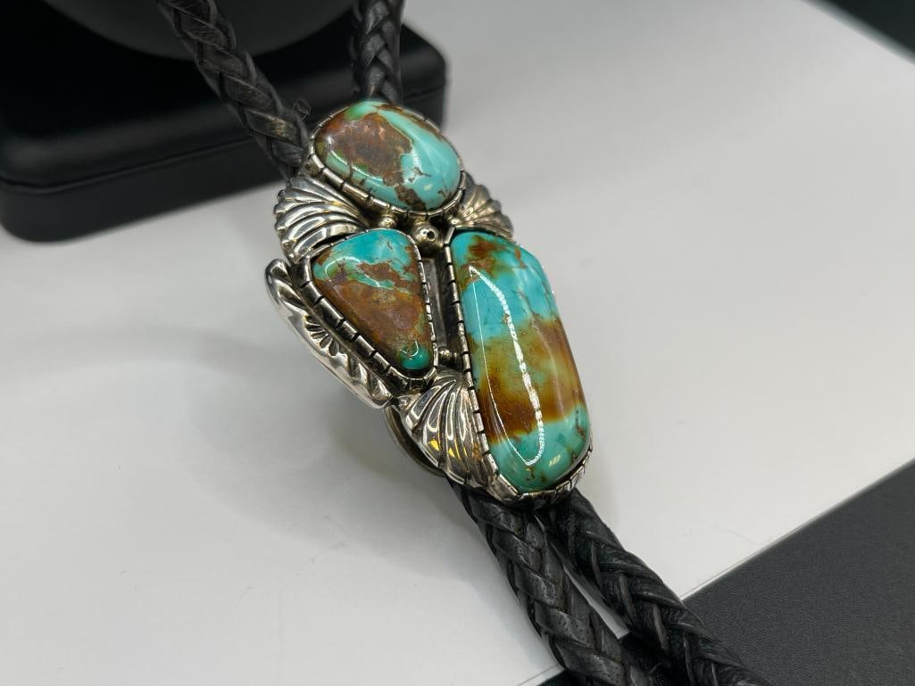 VINTAGE NAVAJO WILSON PADILLA ARTIST SIGNED STERLING SILVER ROYSTON TURQUOISE BOLO TIE - 3