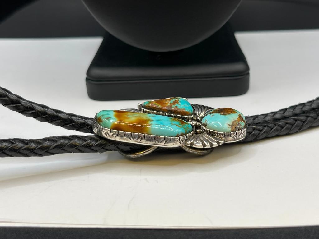 VINTAGE NAVAJO WILSON PADILLA ARTIST SIGNED STERLING SILVER ROYSTON TURQUOISE BOLO TIE - 5