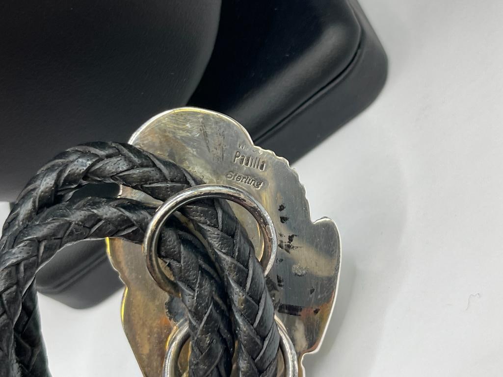 VINTAGE NAVAJO WILSON PADILLA ARTIST SIGNED STERLING SILVER ROYSTON TURQUOISE BOLO TIE - 8