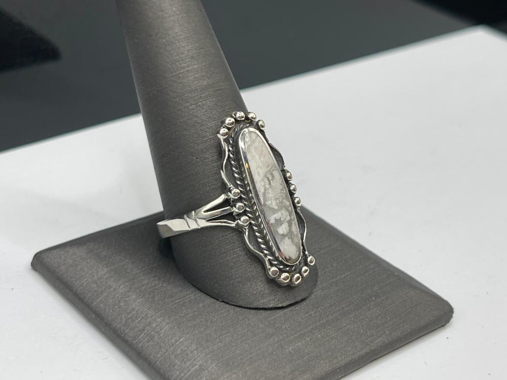NATIVE AMERICAN DESIGN STERLING SILVER WHITE BUFFALO RING - 2