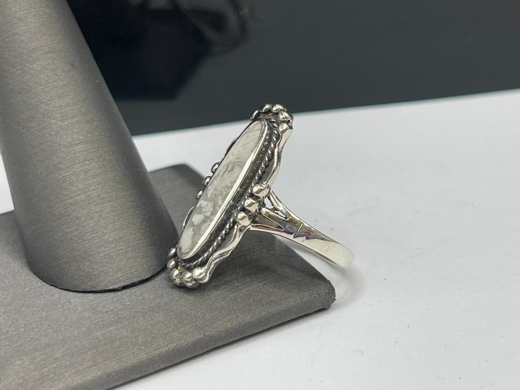 NATIVE AMERICAN DESIGN STERLING SILVER WHITE BUFFALO RING - 3