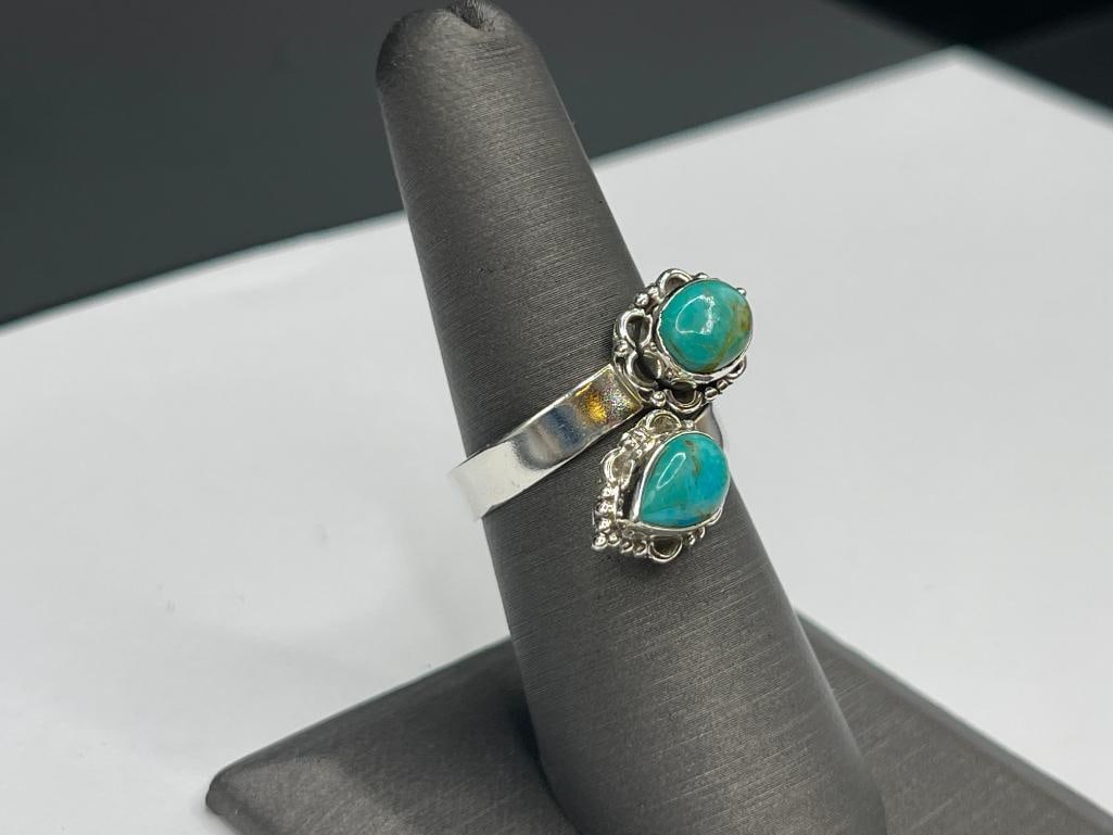 NATIVE AMERICAN DESIGN STERLING SILVER TURQUOISE BYPASS RING - 2