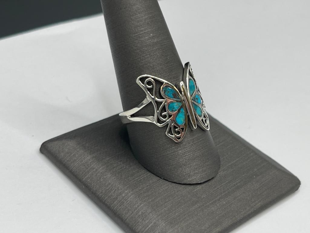 DESIGNER HALLMARKED STERLING SILVER INLAID TURQUOISE FIGURAL BUTTERFLY RING - 2