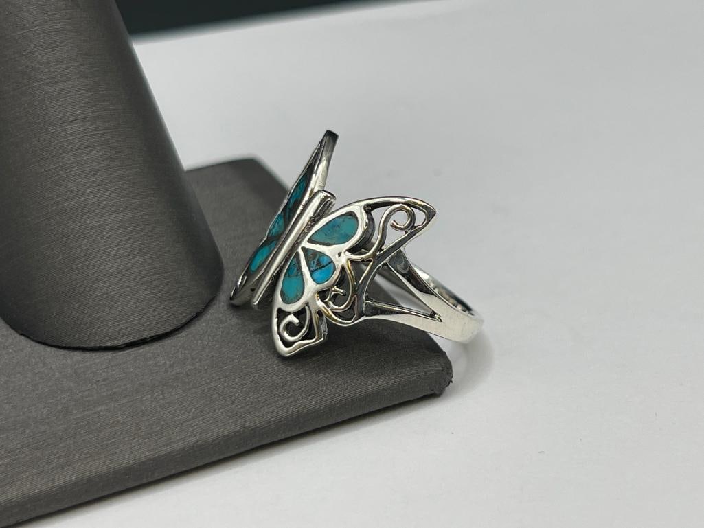 DESIGNER HALLMARKED STERLING SILVER INLAID TURQUOISE FIGURAL BUTTERFLY RING - 3