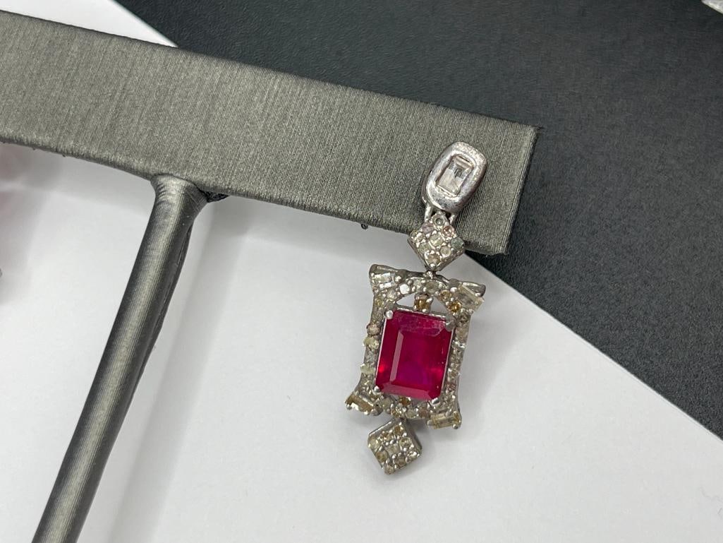 14K WHITE GOLD PLATED STERLING SILVER RUBY AND DIAMOND EARRINGS FEATURING EMERALD CUT RUBIES - 4