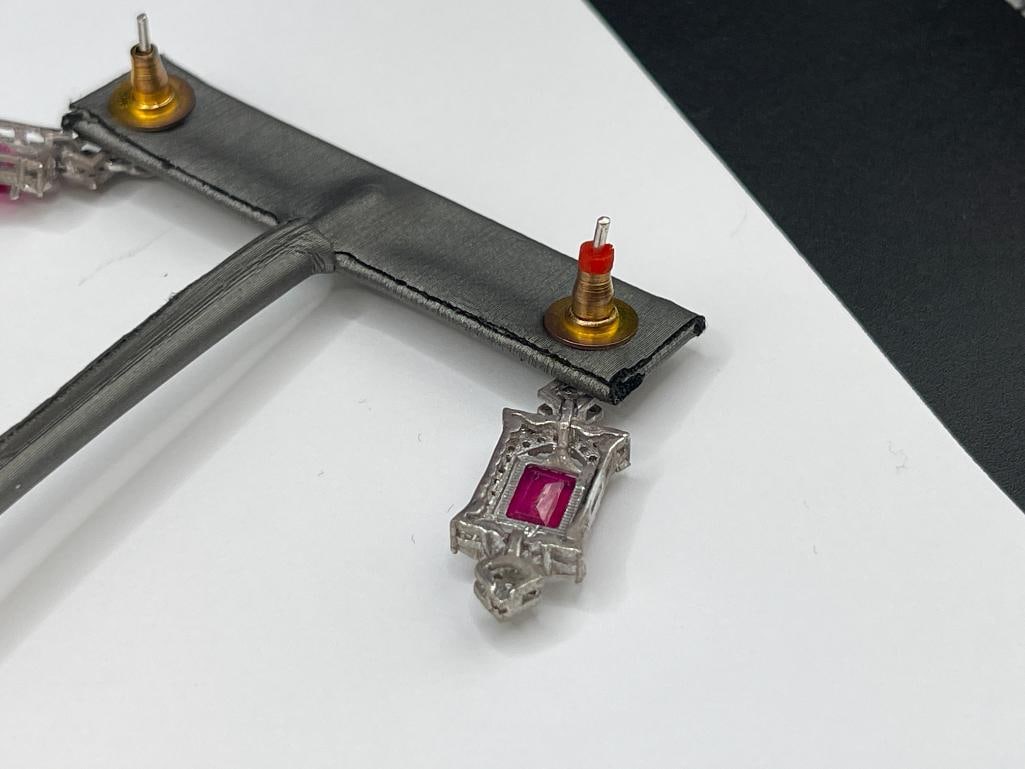 14K WHITE GOLD PLATED STERLING SILVER RUBY AND DIAMOND EARRINGS FEATURING EMERALD CUT RUBIES - 7