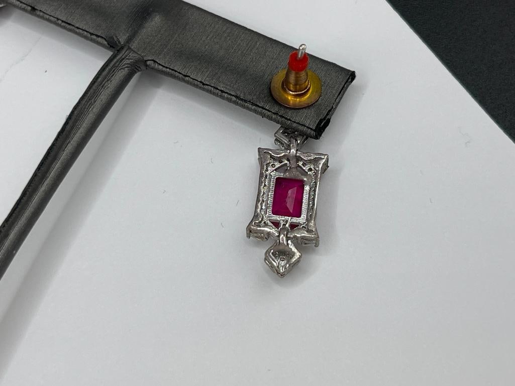 14K WHITE GOLD PLATED STERLING SILVER RUBY AND DIAMOND EARRINGS FEATURING EMERALD CUT RUBIES - 8