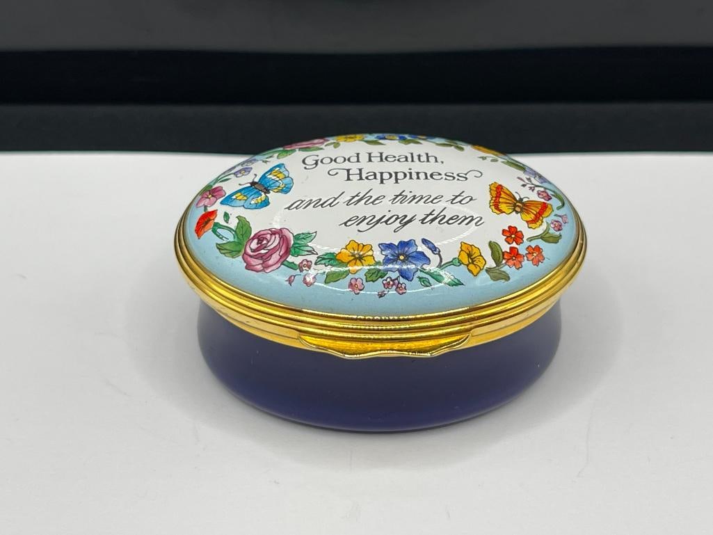 HALCYON DAYS ENAMEL ENGLISH PORCELAIN TRINKET BOX "GOOD HEALTH, HAPPINESS, AND THE TIME TO ENJOY.... - 2