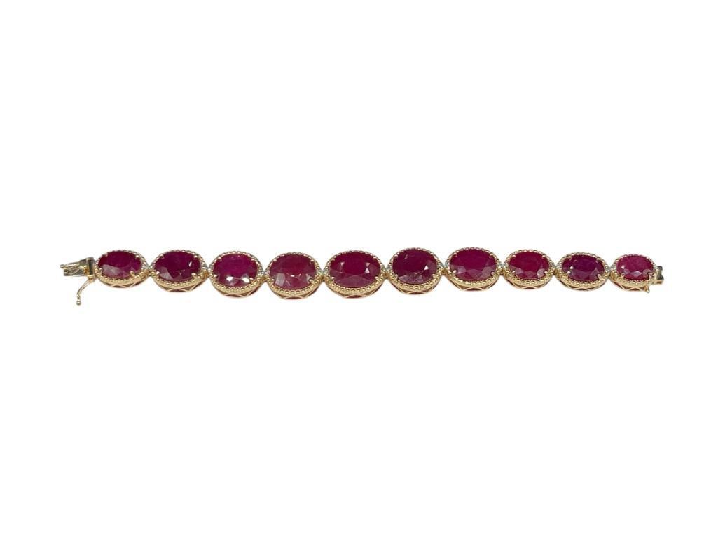 VAEL RUBIN STERLING SILVER YELLOW GOLD OVERLAY GRADUATED OVAL CUT RUBY AND DIAMOND LINK BRACELET (1 of 10)