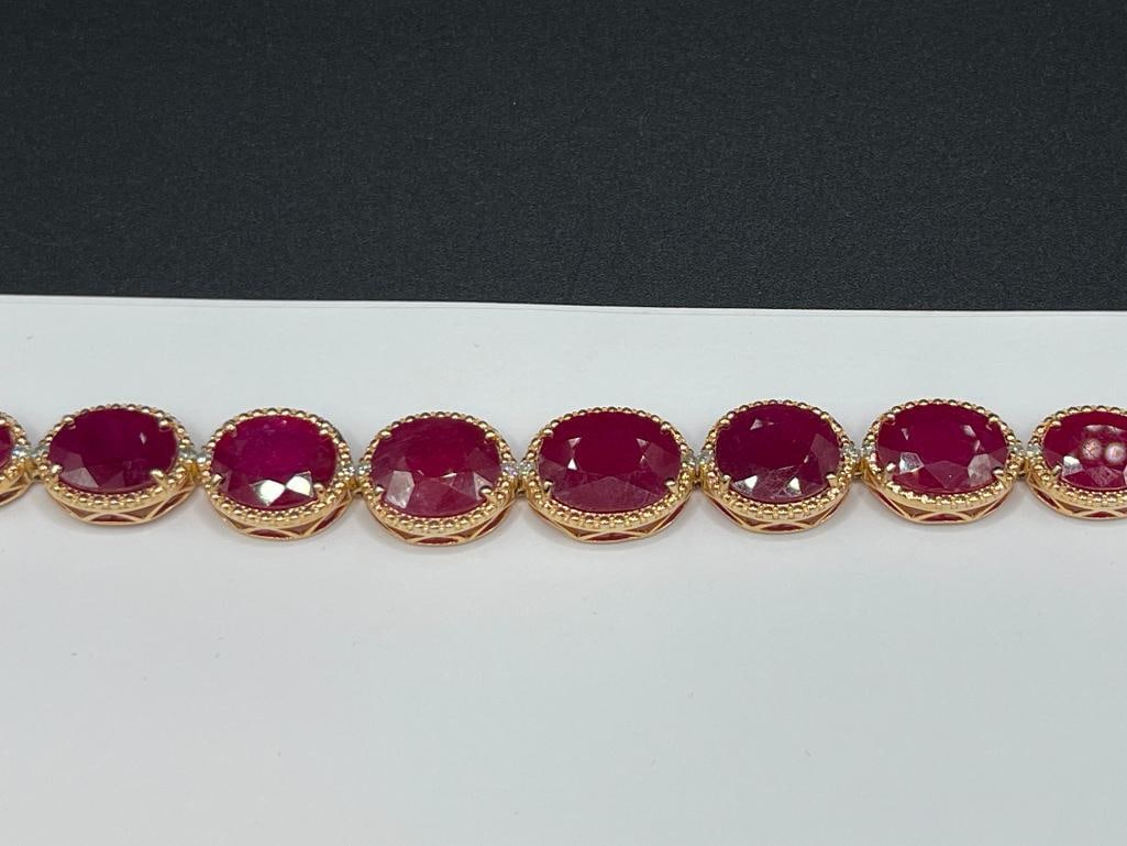 VAEL RUBIN STERLING SILVER YELLOW GOLD OVERLAY GRADUATED OVAL CUT RUBY AND DIAMOND LINK BRACELET - 2
