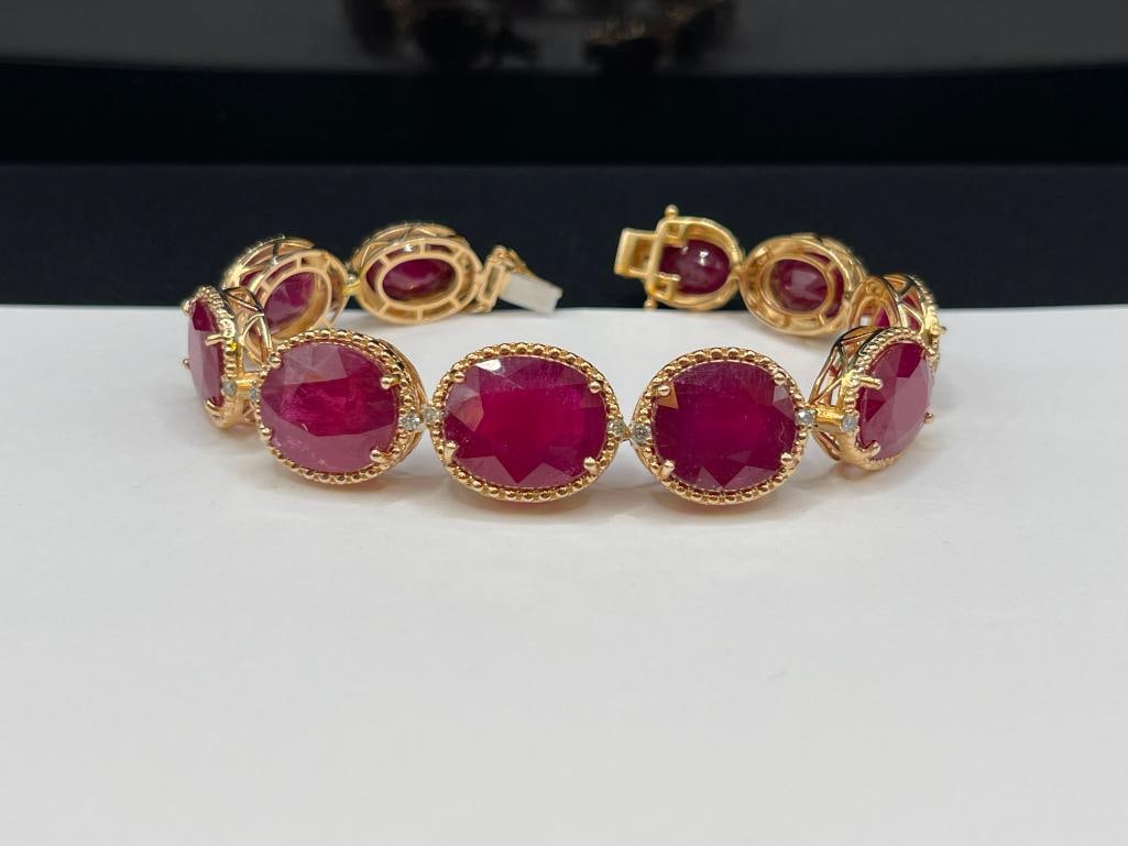 VAEL RUBIN STERLING SILVER YELLOW GOLD OVERLAY GRADUATED OVAL CUT RUBY AND DIAMOND LINK BRACELET - 3