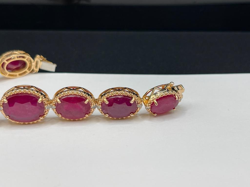 VAEL RUBIN STERLING SILVER YELLOW GOLD OVERLAY GRADUATED OVAL CUT RUBY AND DIAMOND LINK BRACELET - 5