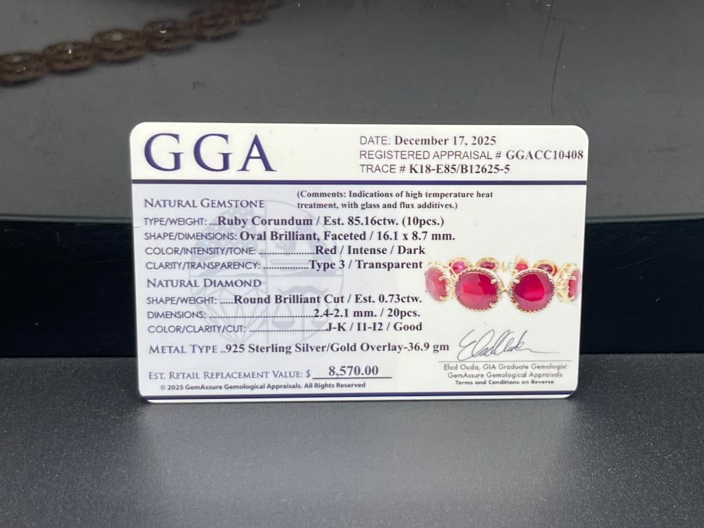 VAEL RUBIN STERLING SILVER YELLOW GOLD OVERLAY GRADUATED OVAL CUT RUBY AND DIAMOND LINK BRACELET - 8